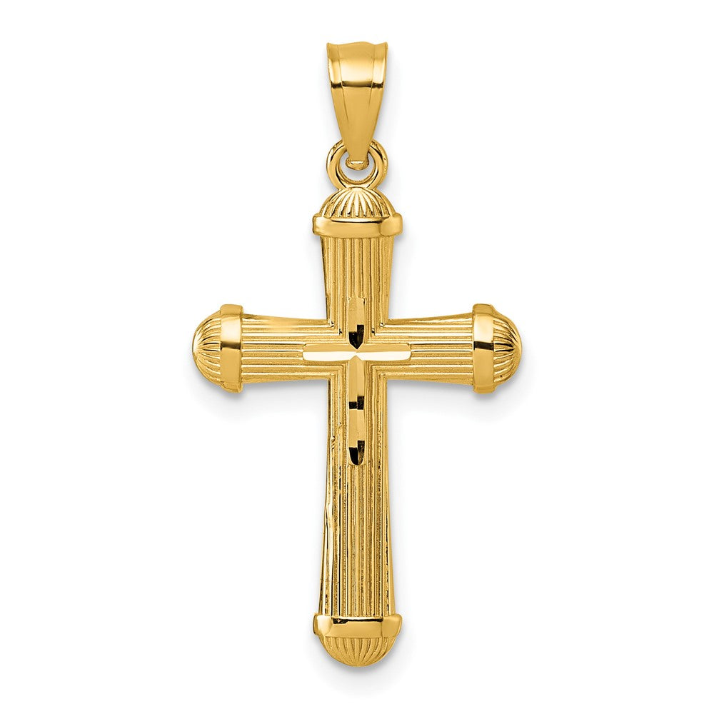 14K Gelbgold Poliert und Diamantiert Gerillt Kreuz Anhänger