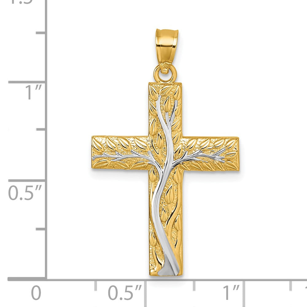 14K Gelb & Rhodium & Rhodium Poliert Blumen Baum Leaves Kreuz Anhänger
