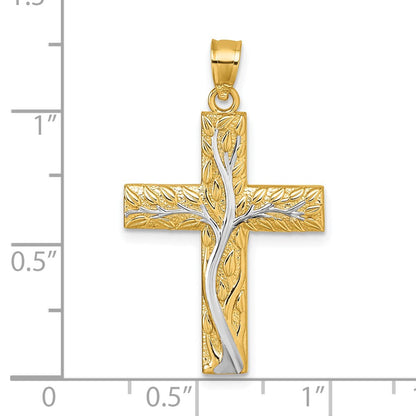 14K Gelb & Rhodium & Rhodium Poliert Blumen Baum Leaves Kreuz Anhänger