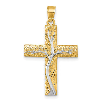14K Gelb & Rhodium & Rhodium Poliert Blumen Baum Leaves Kreuz Anhänger