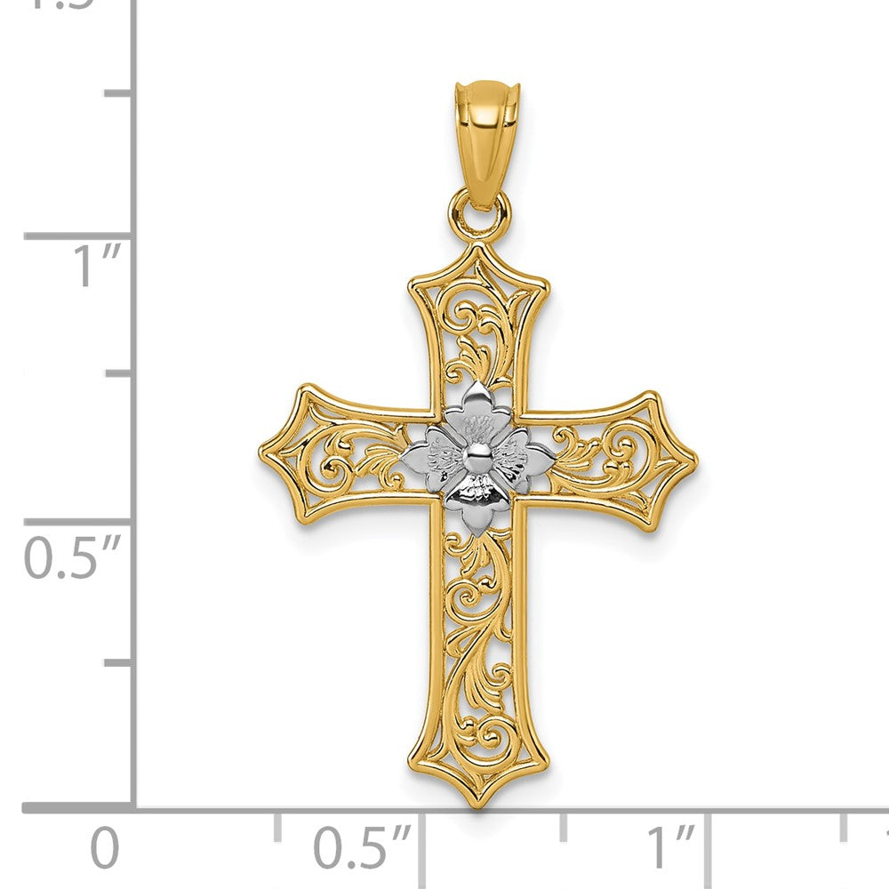 14K Gelb & Rhodium und Rhodium Poliert Blumen Kreuz Anhänger