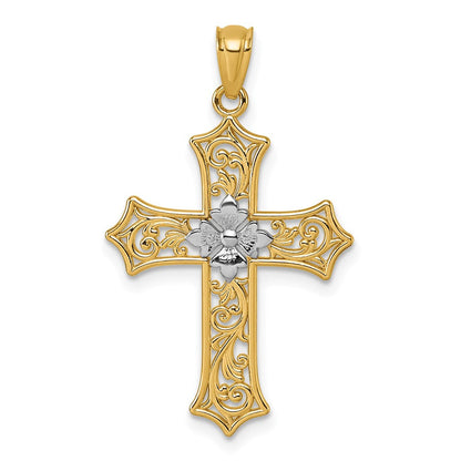 14K Gelb & Rhodium und Rhodium Poliert Blumen Kreuz Anhänger
