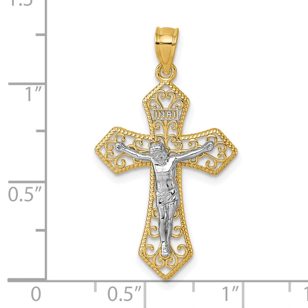 14K Bicolor Poliert und Gekugelt Fantasie Kruzifix Anhänger