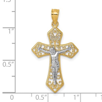 14K Bicolor Poliert und Gekugelt Fantasie Kruzifix Anhänger