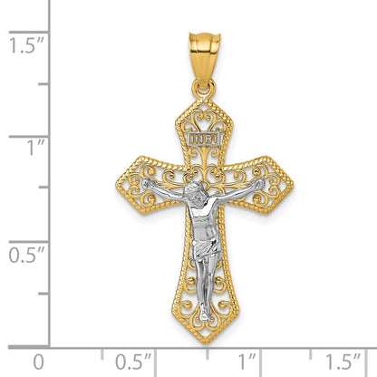 14K Bicolor Poliert und Gekugelt Fantasie Kruzifix Anhänger