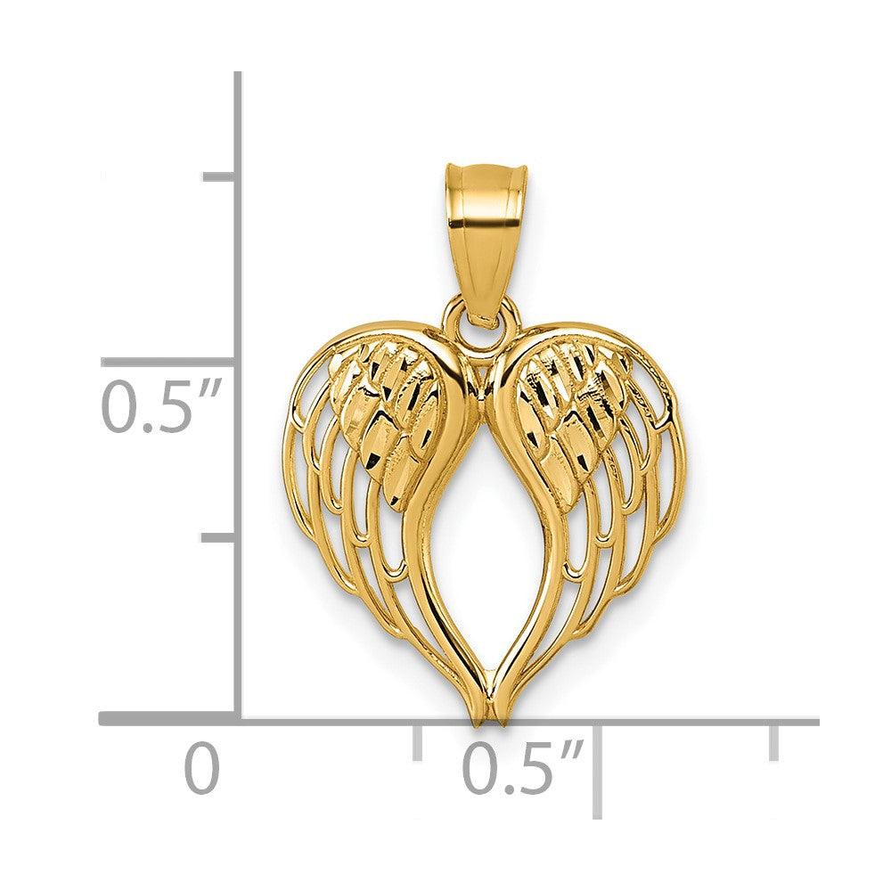 14K Gelbgold Poliert und Diamantiert Flügel in Herz Form Anhänger