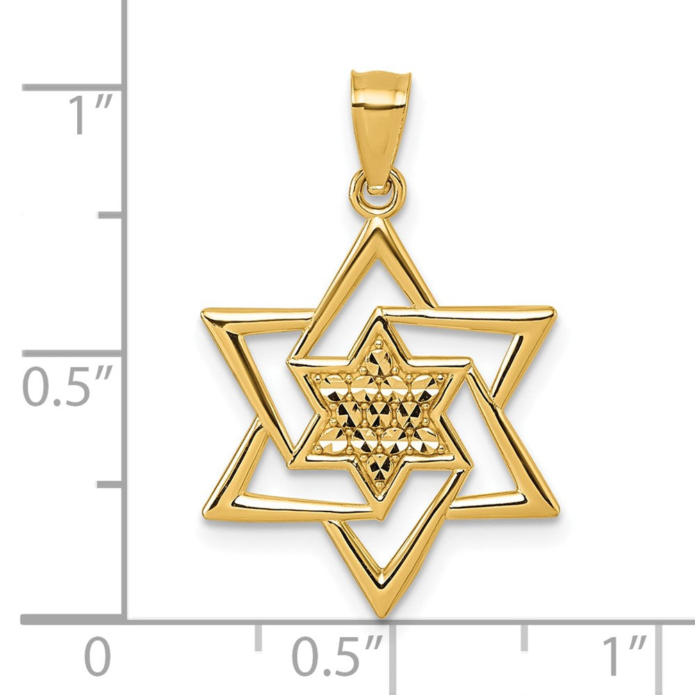 14K Gelbgold Poliert und Diamantiert Stern Of David Religious Anhänger