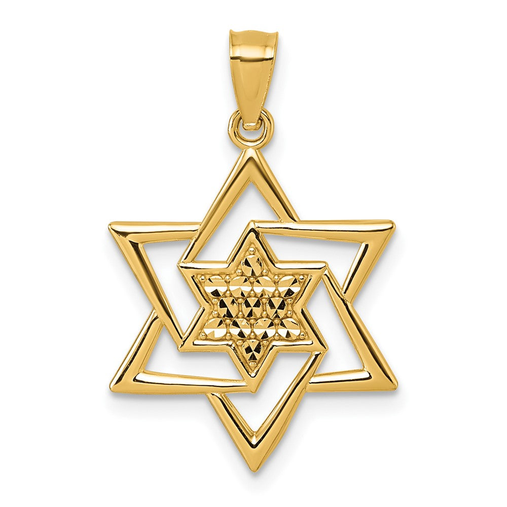 14K Gelbgold Poliert und Diamantiert Stern Of David Religious Anhänger