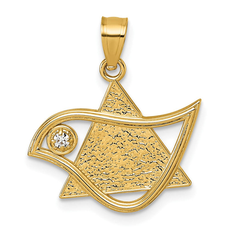 14K Gelbgold Poliert & Strukturiert Zirkonia Vogel & Dreieck Stern Of David Anhänger