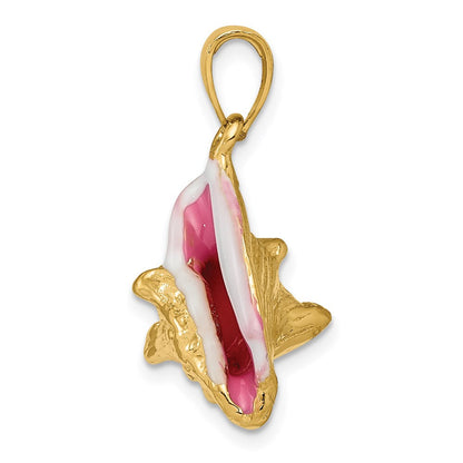 14 Karat Gelbgold Poliert 3-D Rosa und Weiß Emailliertes Muschelschalen-Anhänger