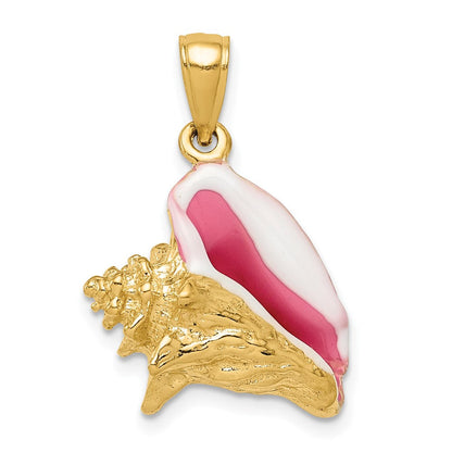 14 Karat Gelbgold Poliert 3-D Rosa und Weiß Emailliertes Muschelschalen-Anhänger