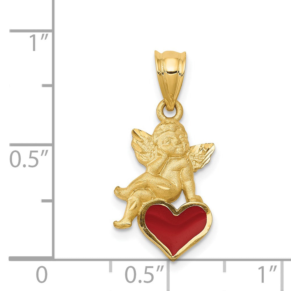 14 Karat Gelbgold Anhänger, Engel auf Herz, emailliert