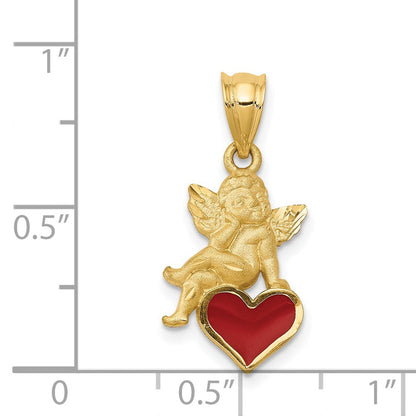 14 Karat Gelbgold Anhänger, Engel auf Herz, emailliert