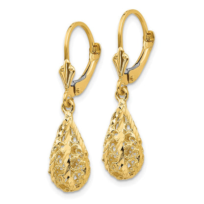 14K Gelbgold Ohrhänger mit Filigran-Design, poliert, diamantgeschliffen, mit Leverback-Verschluss
