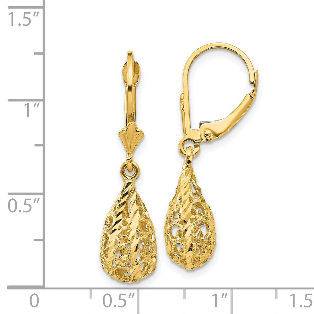 14K Gelbgold Ohrhänger mit Filigran-Design, poliert, diamantgeschliffen, mit Leverback-Verschluss