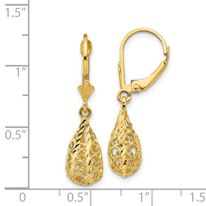 14K Gelbgold Ohrhänger mit Filigran-Design, poliert, diamantgeschliffen, mit Leverback-Verschluss