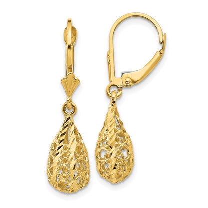 14K Gelbgold Ohrhänger mit Filigran-Design, poliert, diamantgeschliffen, mit Leverback-Verschluss