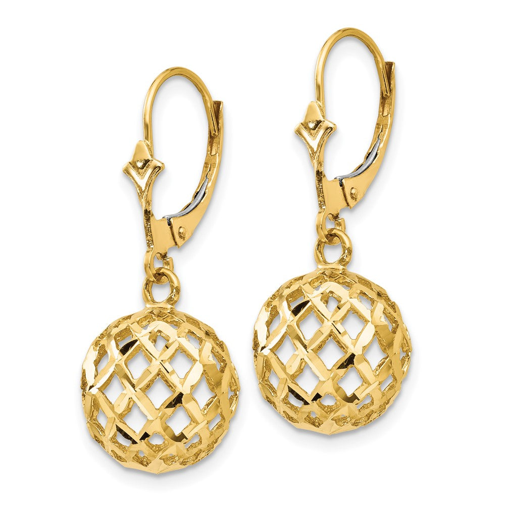 14K Gelbgold Polierte & Diamant-Geschliffene Netzkugel-Ohrhänger mit Leverback-Verschluss