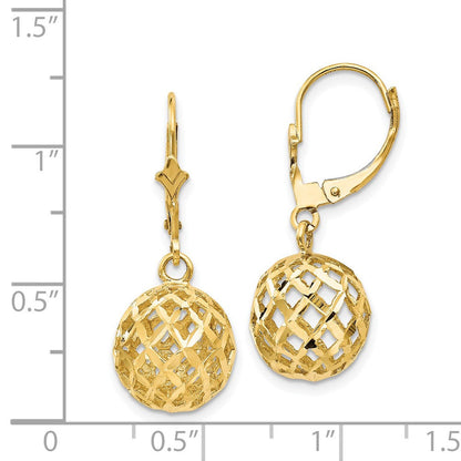 14K Gelbgold Polierte & Diamant-Geschliffene Netzkugel-Ohrhänger mit Leverback-Verschluss