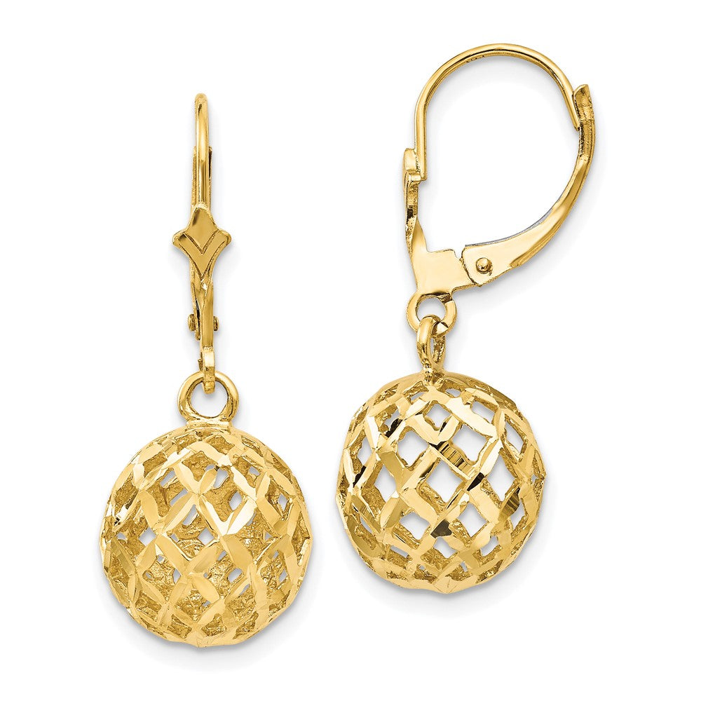 14K Gelbgold Polierte & Diamant-Geschliffene Netzkugel-Ohrhänger mit Leverback-Verschluss