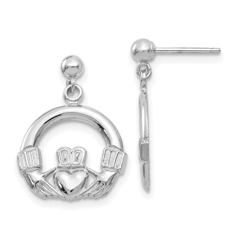 14K Weißgold massiv poliert Claddagh-Ohrringe mit Flachrücken