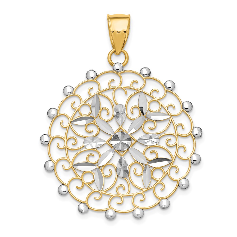 14K Gelb- und Rhodiumgold Weißrhodium Diamantgeschliffener Filigran-Anhänger