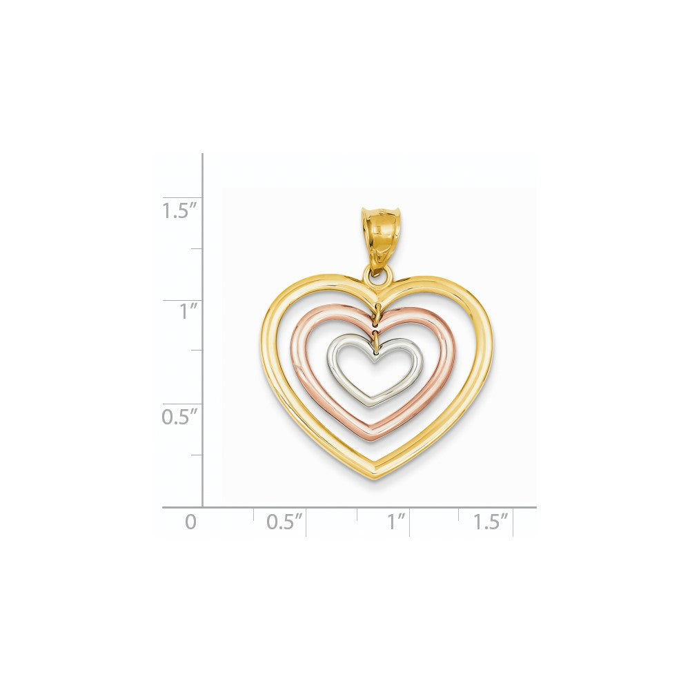 14K Tricolor-Gold Anhänger „3 Herzen“ mit Baumeleffekt