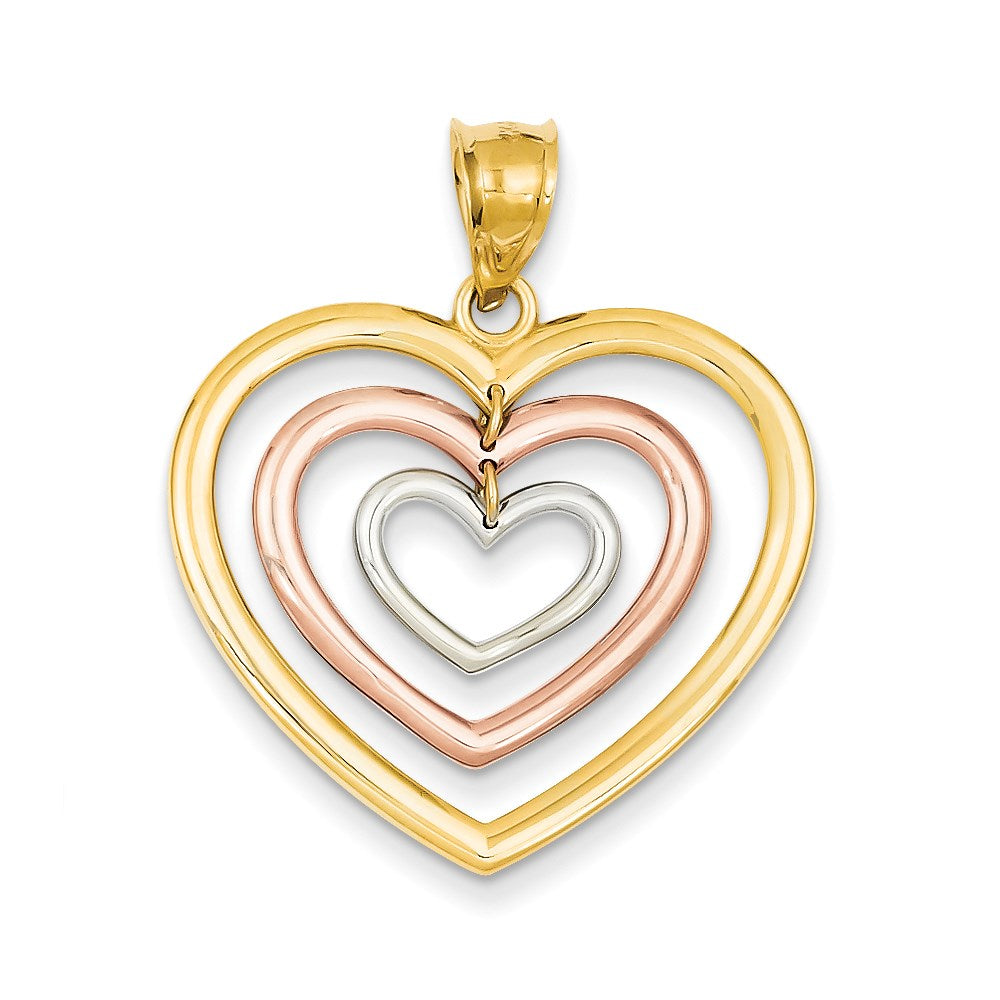 14K Tricolor-Gold Anhänger „3 Herzen“ mit Baumeleffekt