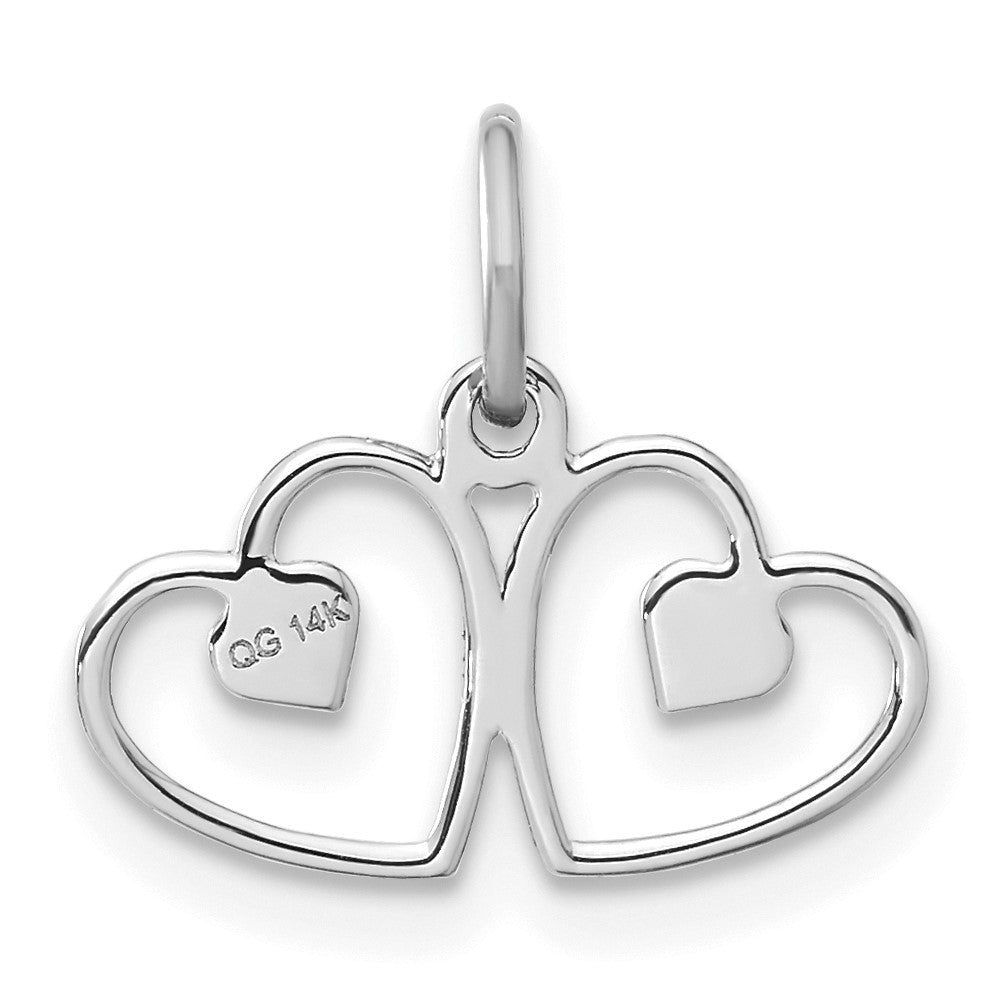 14K Weißgold Satiniert und Diamantiert Doppelt Herz Charm