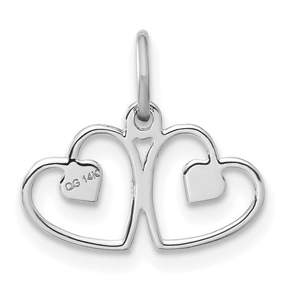 14K Weißgold Satiniert und Diamantiert Doppelt Herz Charm