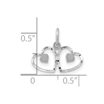 14K Weißgold Satiniert und Diamantiert Doppelt Herz Charm