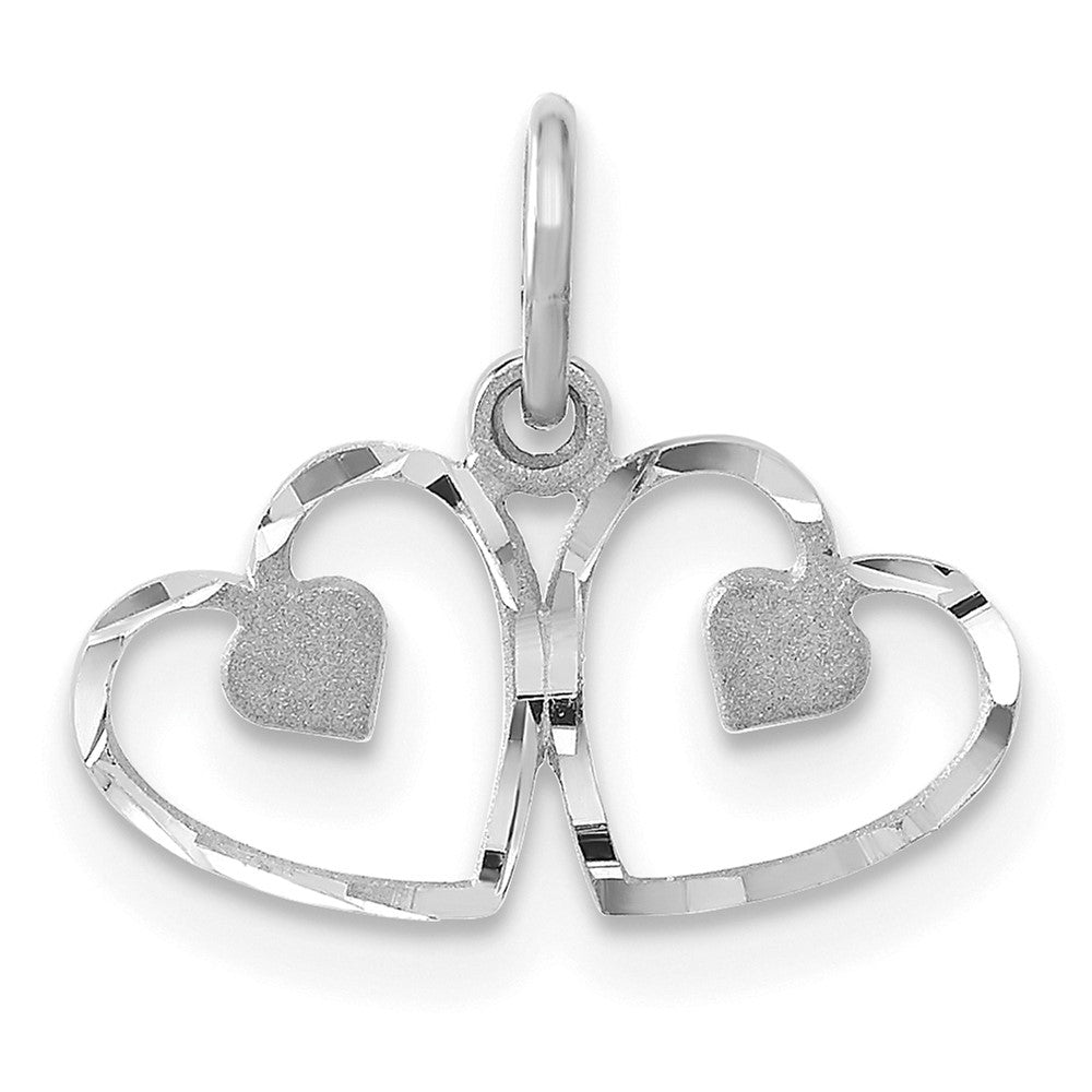 14K Weißgold Satiniert und Diamantiert Doppelt Herz Charm