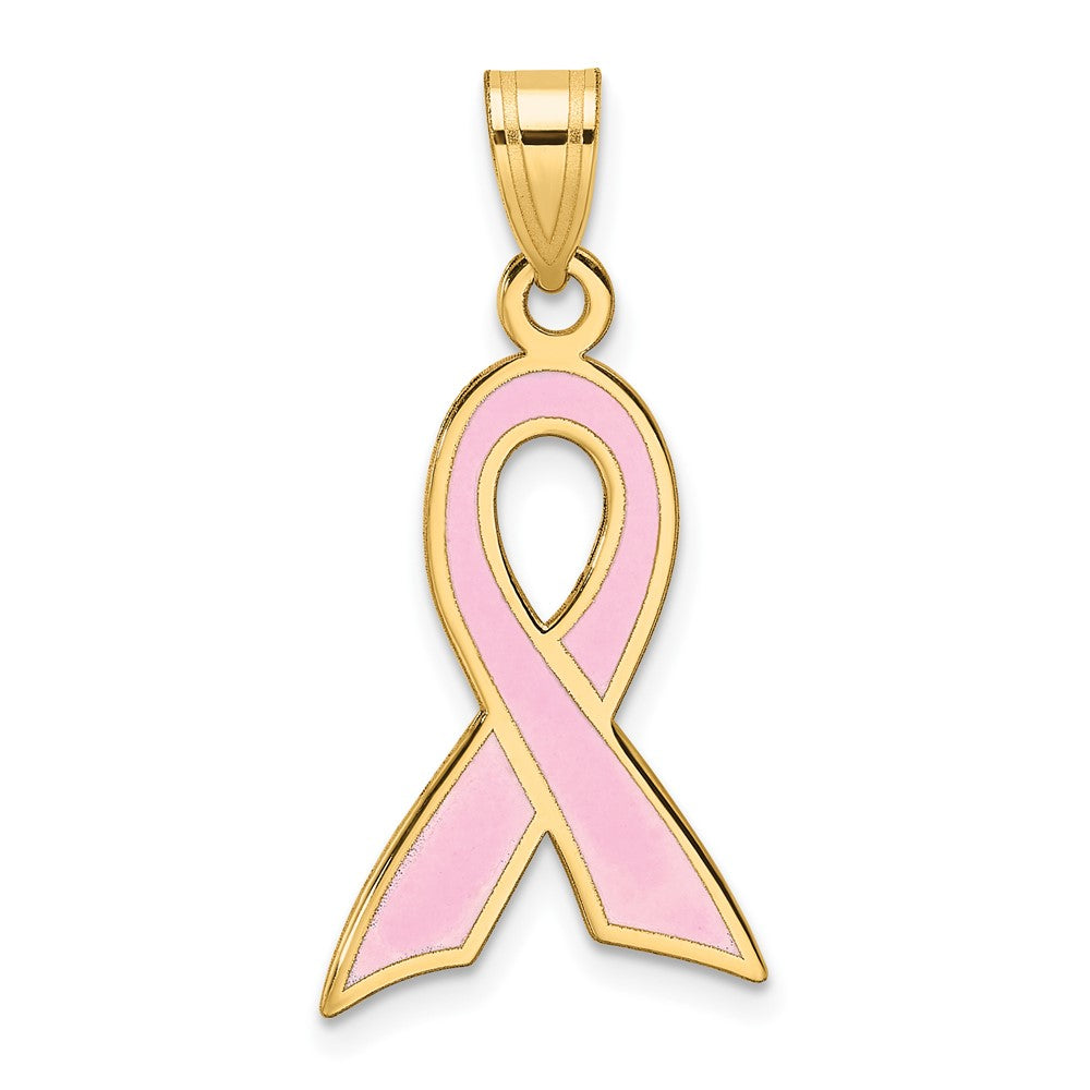 14K Gelbgold Großer Emaillierter Rosa-Schleifen-Anhänger
