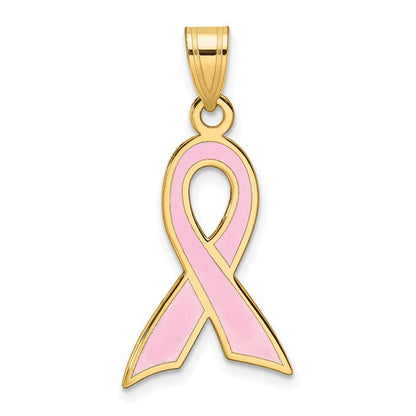 14K Gelbgold Großer Emaillierter Rosa-Schleifen-Anhänger