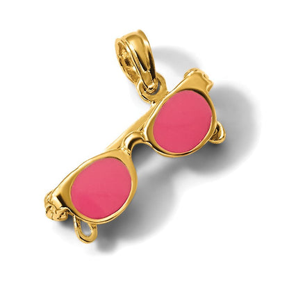 14K Gelbgold 3-d Rosa Emailliert Beweglich Sunglasses Anhänger