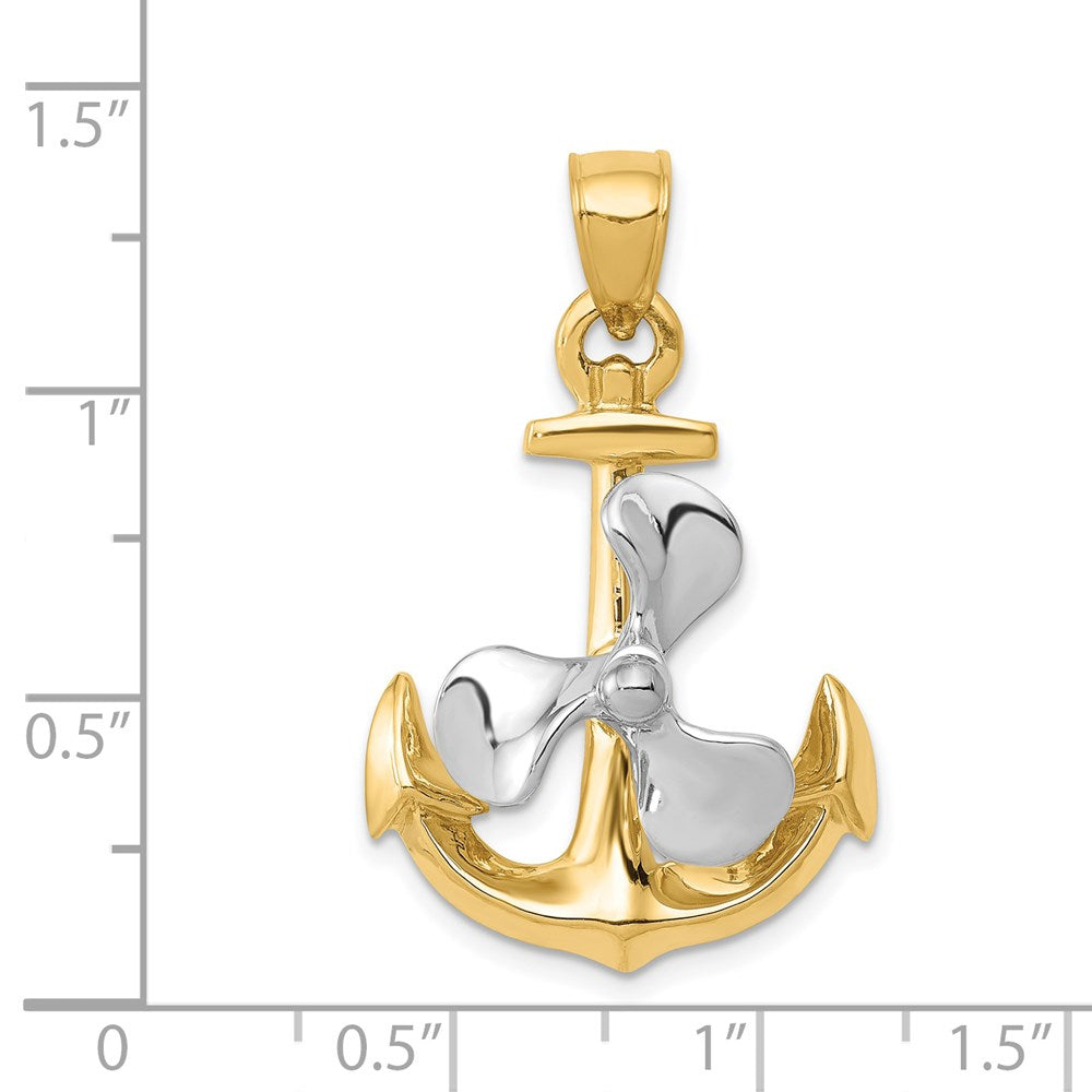 14 Karat Bicolor-Gold 3-D-Anker-Anhänger mit beweglichem Propeller