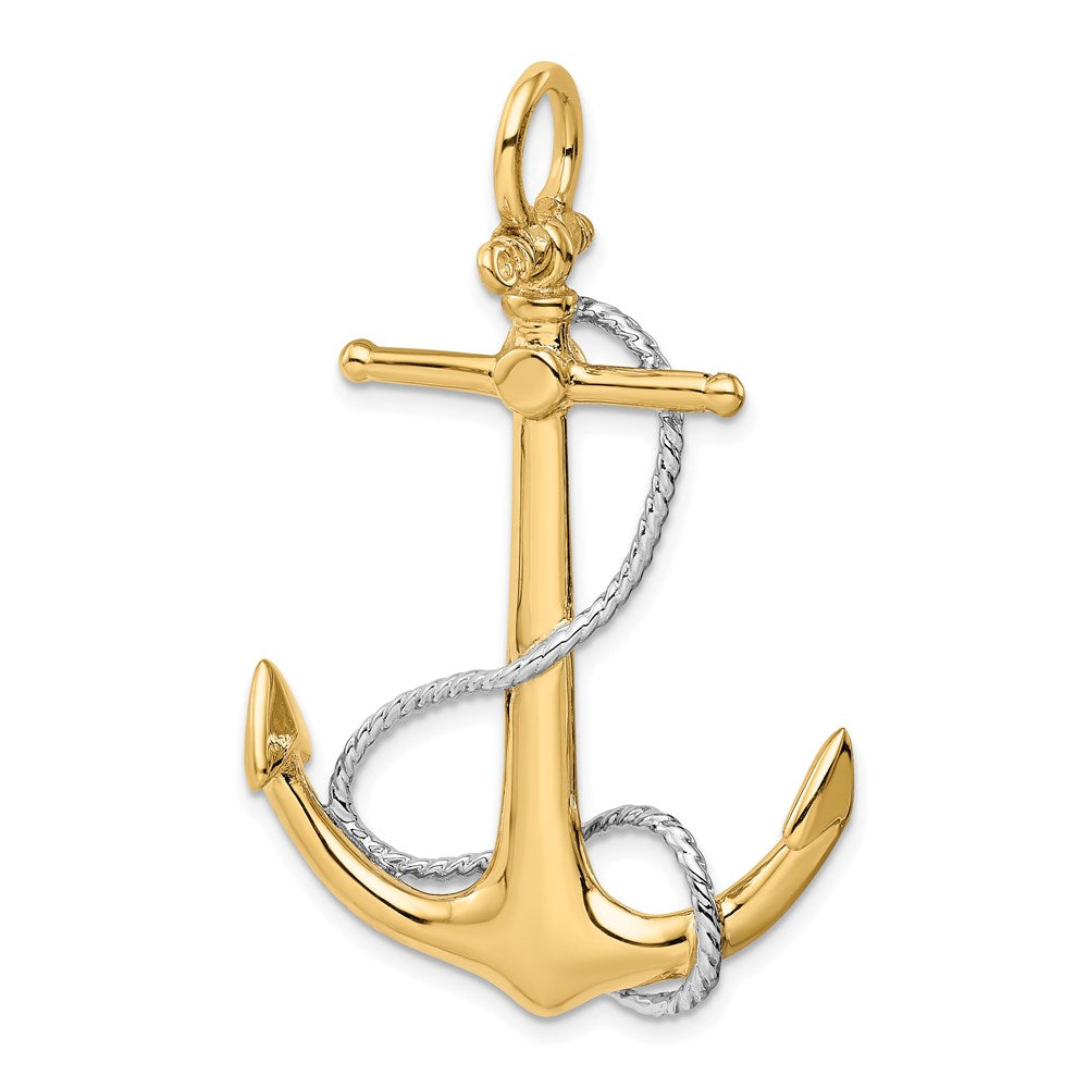 14K Bicolor-Gold 3-D-Anker-Anhänger mit verschlungenem Seil-Akzent