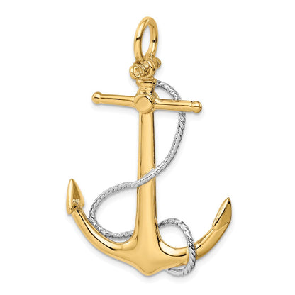 14K Bicolor-Gold 3-D-Anker-Anhänger mit verschlungenem Seil-Akzent