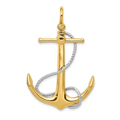 14K Bicolor-Gold 3-D-Anker-Anhänger mit verschlungenem Seil-Akzent