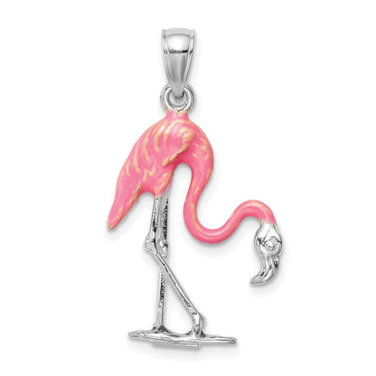 14K Weißgold emaillierter 3-D-Flamingo-Anhänger in Pink