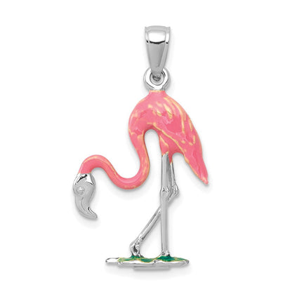 14K Weißgold emaillierter 3-D-Flamingo-Anhänger in Pink