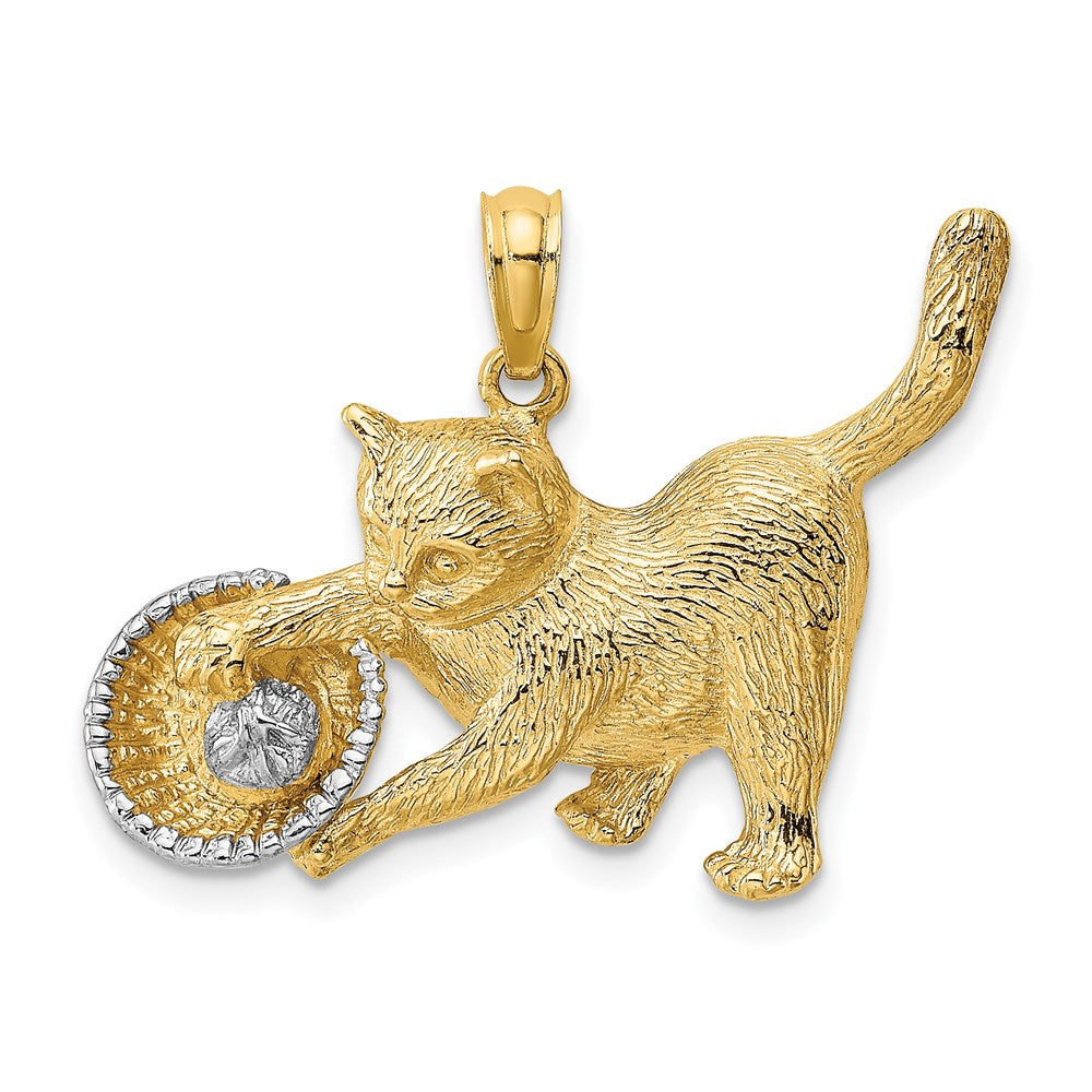 14K Gelb- und Rhodiumgold Charm „Katze spielt mit Garn im Korb", rhodiniert