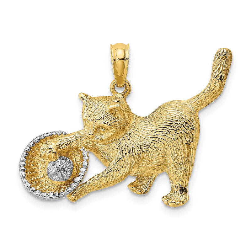14K Gelb- und Rhodiumgold Charm „Katze spielt mit Garn im Korb", rhodiniert