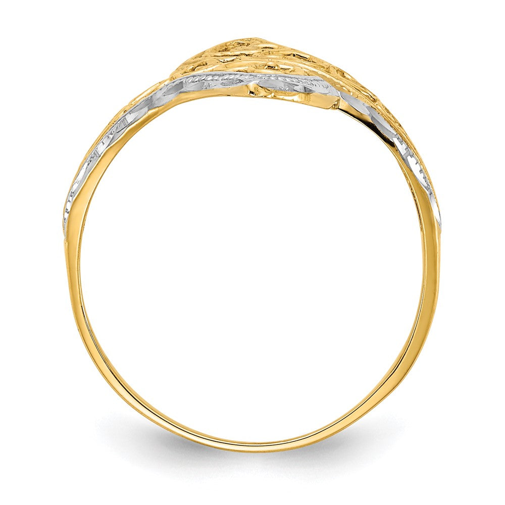 14K Gelbgold mit Rhodium diamantgeschliffener Herz-Akzent-Bypass-Ring
