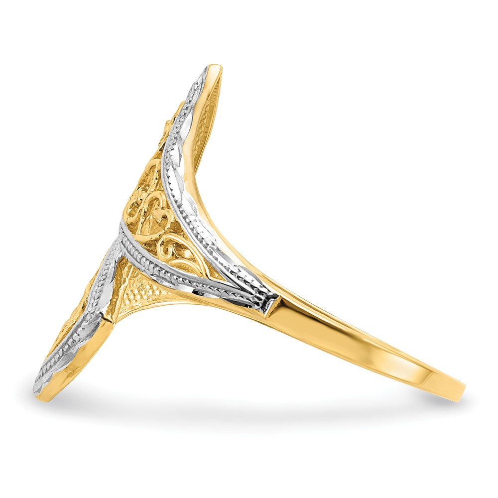 14K Gelbgold mit Rhodium diamantgeschliffener Herz-Akzent-Bypass-Ring