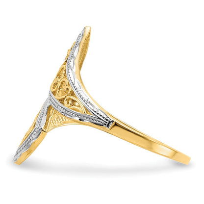 14K Gelbgold mit Rhodium diamantgeschliffener Herz-Akzent-Bypass-Ring
