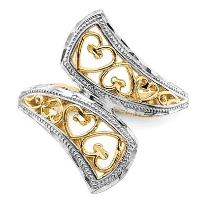 14K Gelbgold mit Rhodium diamantgeschliffener Herz-Akzent-Bypass-Ring