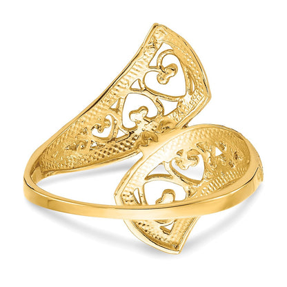 14K Gelbgold mit Rhodium diamantgeschliffener Herz-Akzent-Bypass-Ring