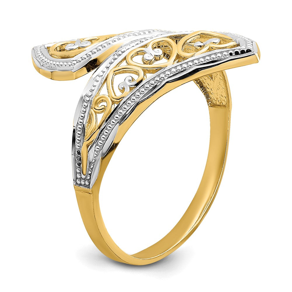 14K Gelbgold mit Rhodium diamantgeschliffener Herz-Akzent-Bypass-Ring