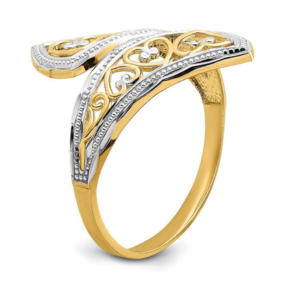 14K Gelbgold mit Rhodium diamantgeschliffener Herz-Akzent-Bypass-Ring